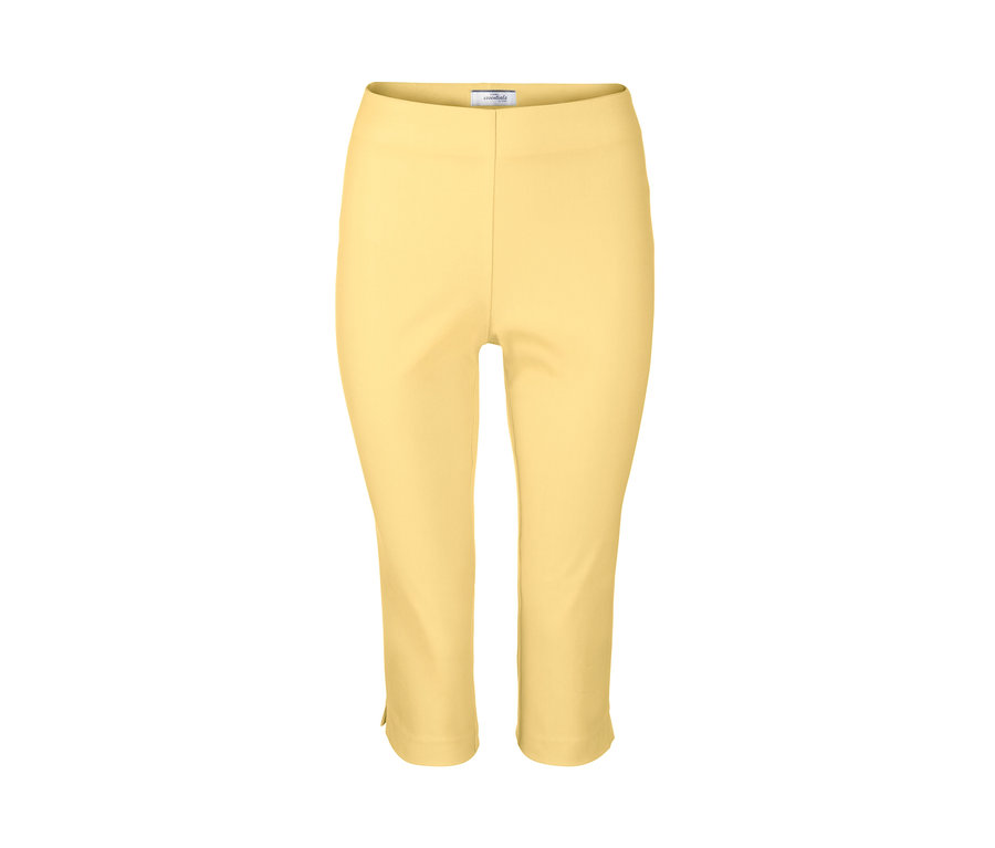 Eine gelbe 3/4-Stretchhose auf weißem Hintergrund.