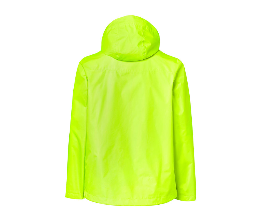 Rückansicht einer neongelben Regenjacke mit Kapuze.