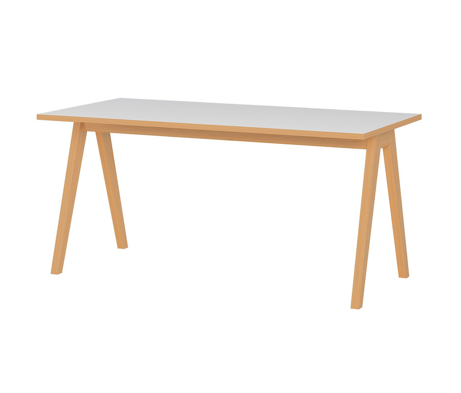Weißer Schreibtisch mit Holzbeinen.