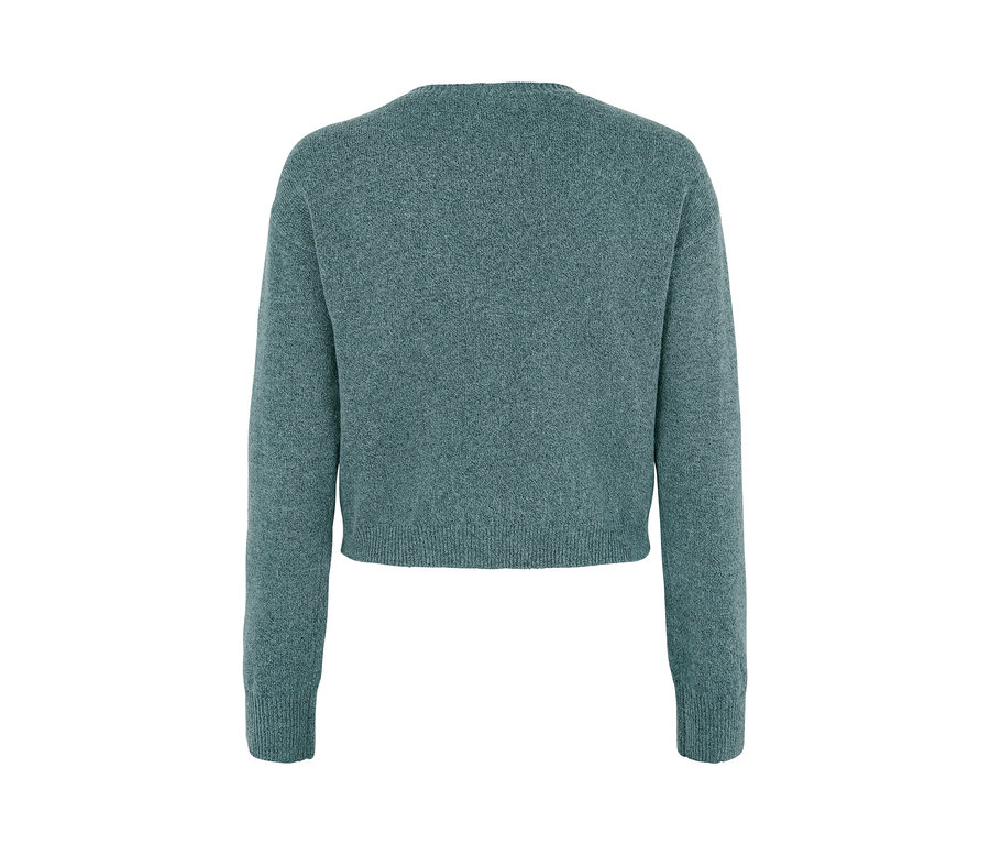 Grüne Strickjacke mit V-Ausschnitt.