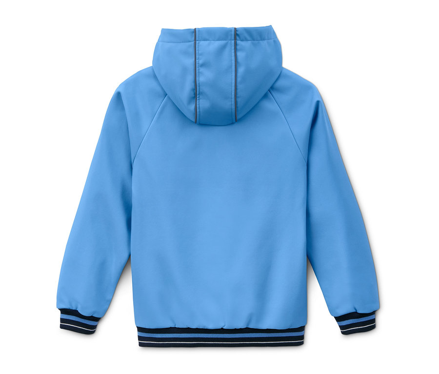 Hellblaue Softshelljacke mit Kapuze aus recyceltem Material, Rückansicht.