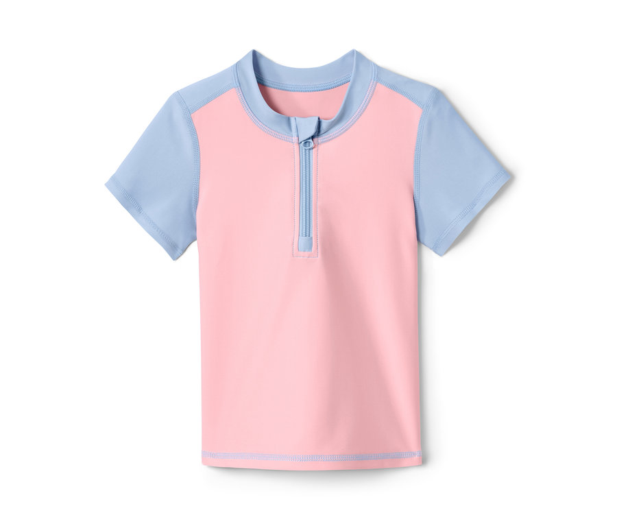 Rosa-blaues kurzärmeliges UV-Schutz-Kombi mit recyceltem Material mit Reißverschluss.