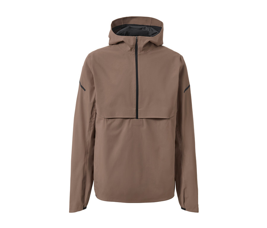 Braune Regen-Laufjacke mit Kapuze und schwarzem Reißverschluss.