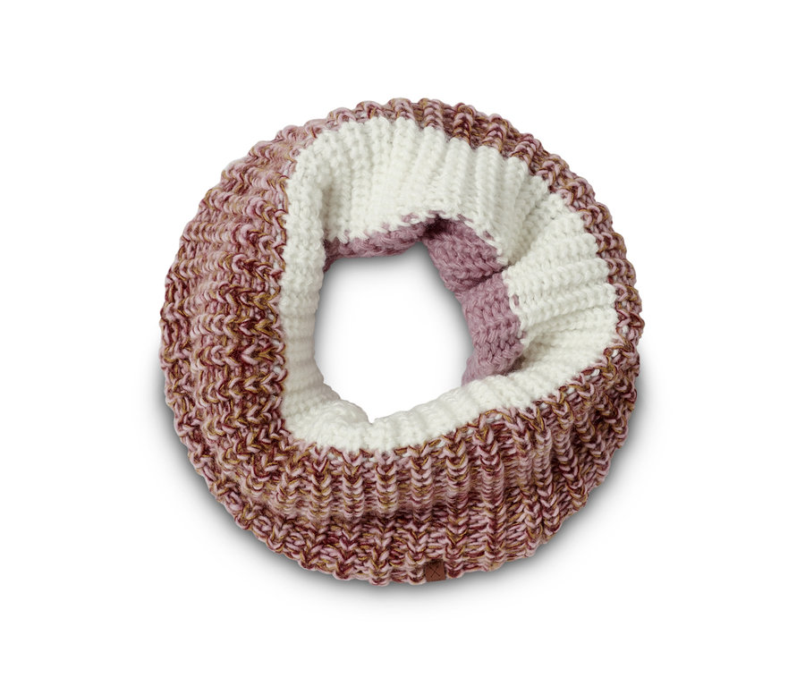 Gestrickter Schlauchschal mit rosa-, weiß- und braunfarbenen Streifen.