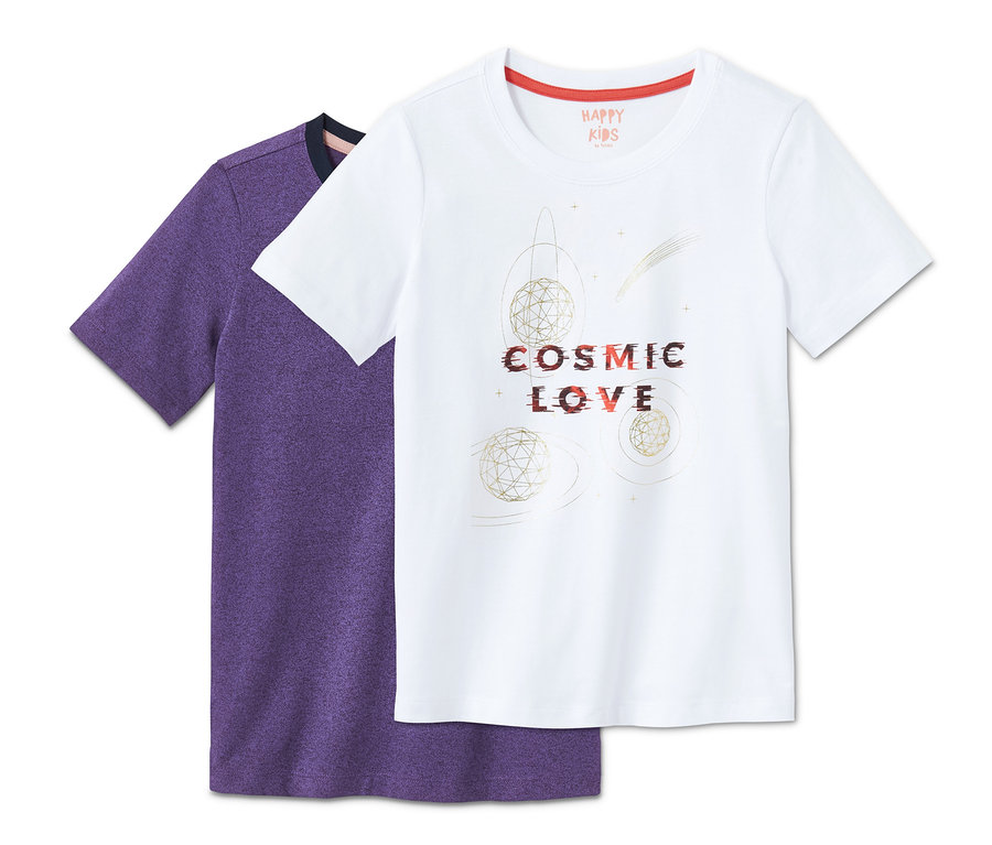 Zwei T-Shirts, ein lilafarbenes und ein weißes mit dem Aufdruck Cosmic Love.