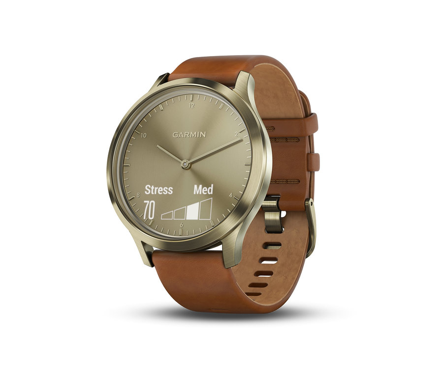Detailansicht der goldenen Garmin »Vivomove HR Premium« mit braunem Lederarmband.