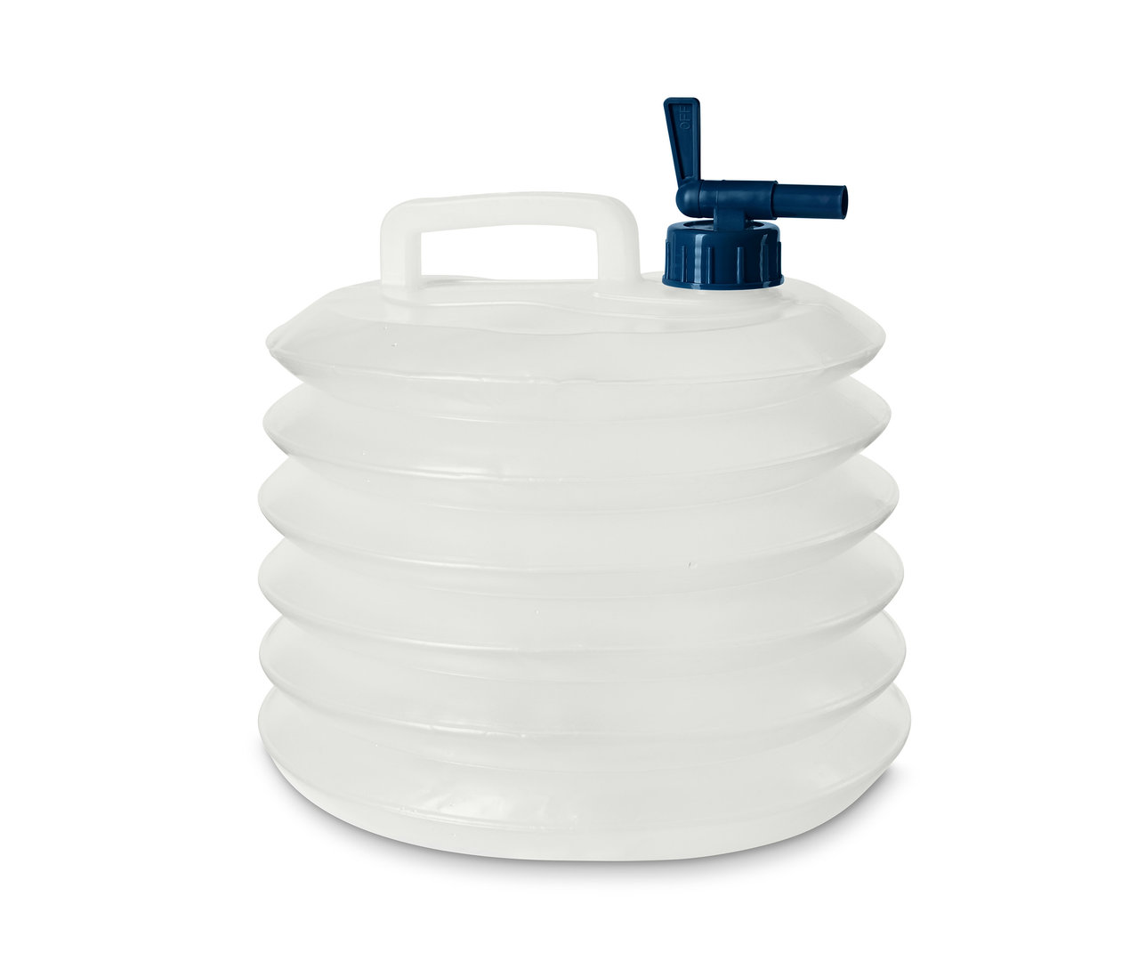 Ein leerer, faltbarer Wasserkanister mit blauem Hahn.