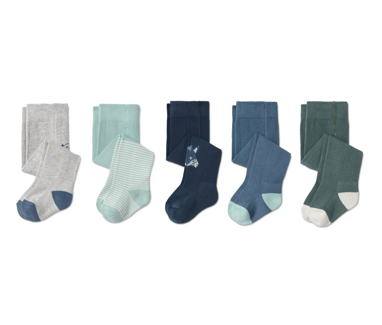 Fünf blaue Baumwollstrumpfhosen.