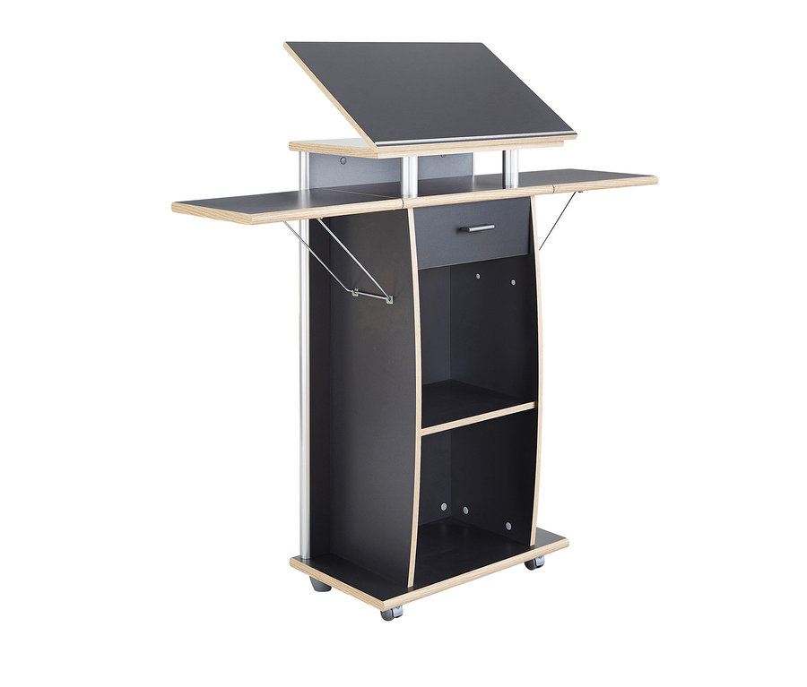 Schwarzes und graues Stehpult auf Rädern mit ausklappbaren Seitentischen und Stauraum.