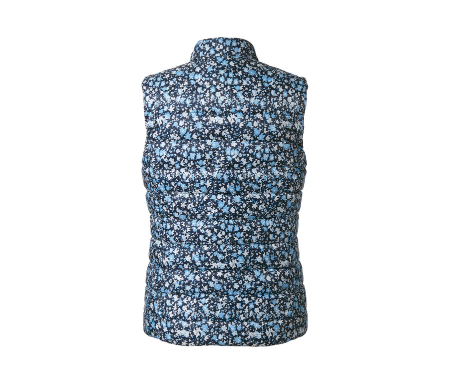 Detailaufnahme einer Steppweste mit Wendefunktion und Blumenmuster.
