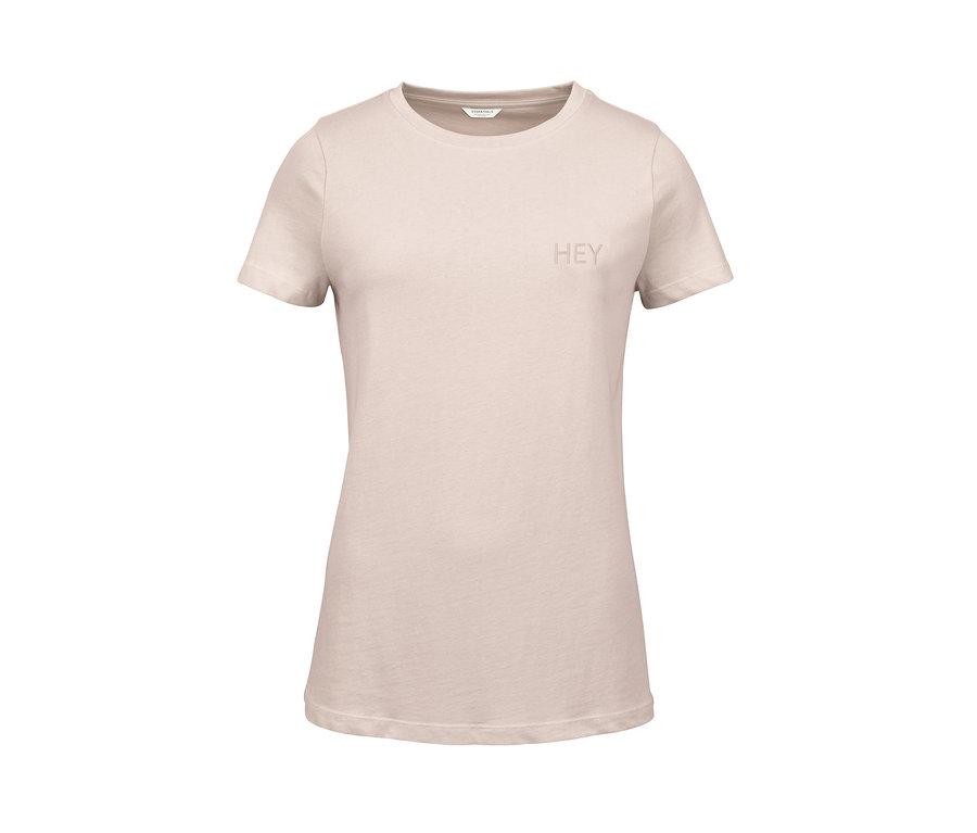 Ein hellbeiges T-Shirt mit Stickerei.