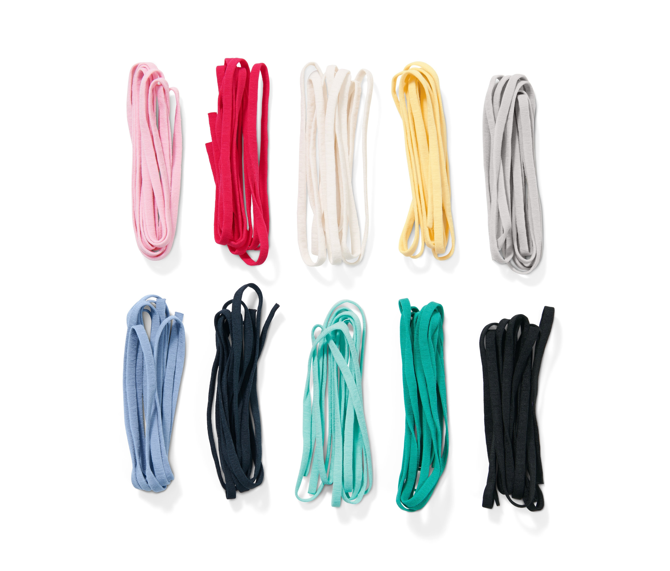Gummiband-Set in den Farben Rosa, Rot, Creme, Gelb, Grau, Blau, Dunkelblau, Hellblau, Grün und Schwarz.