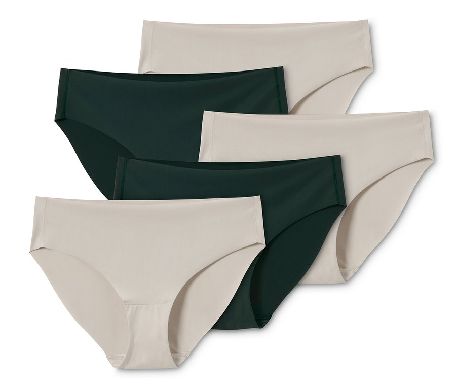 Fünf Magic-Cut-Slips in Beige und Dunkelgrün.