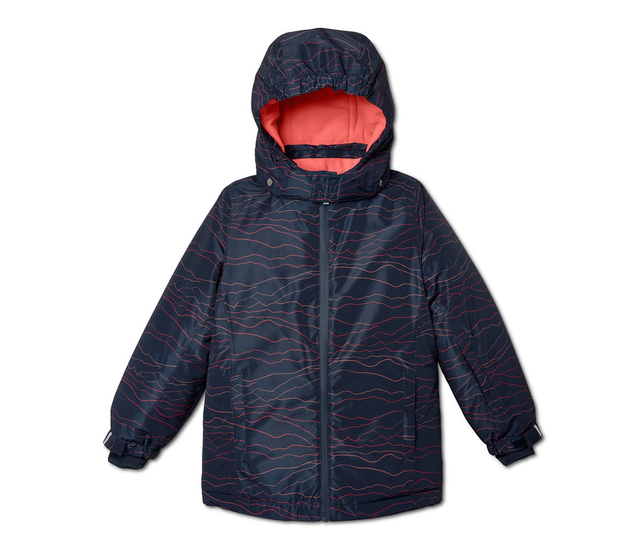 Dunkelblaue Thermo-Skijacke mit Kapuze und Wellenmuster.