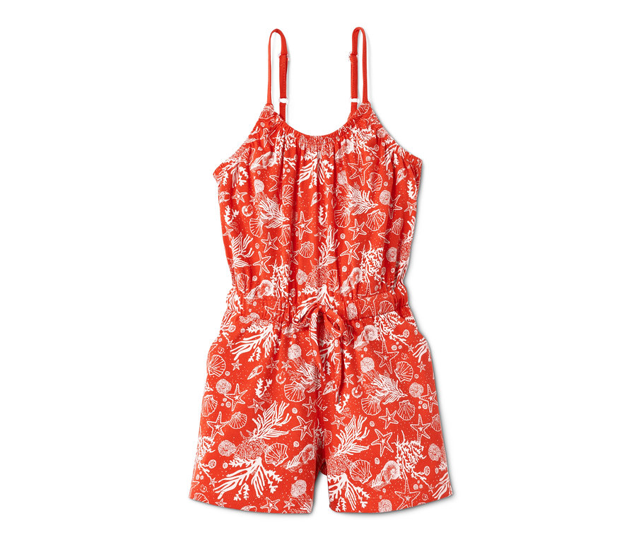 Orangefarbener Jumpsuit mit weißem Muschel-, Seestern- und Korallenmuster.