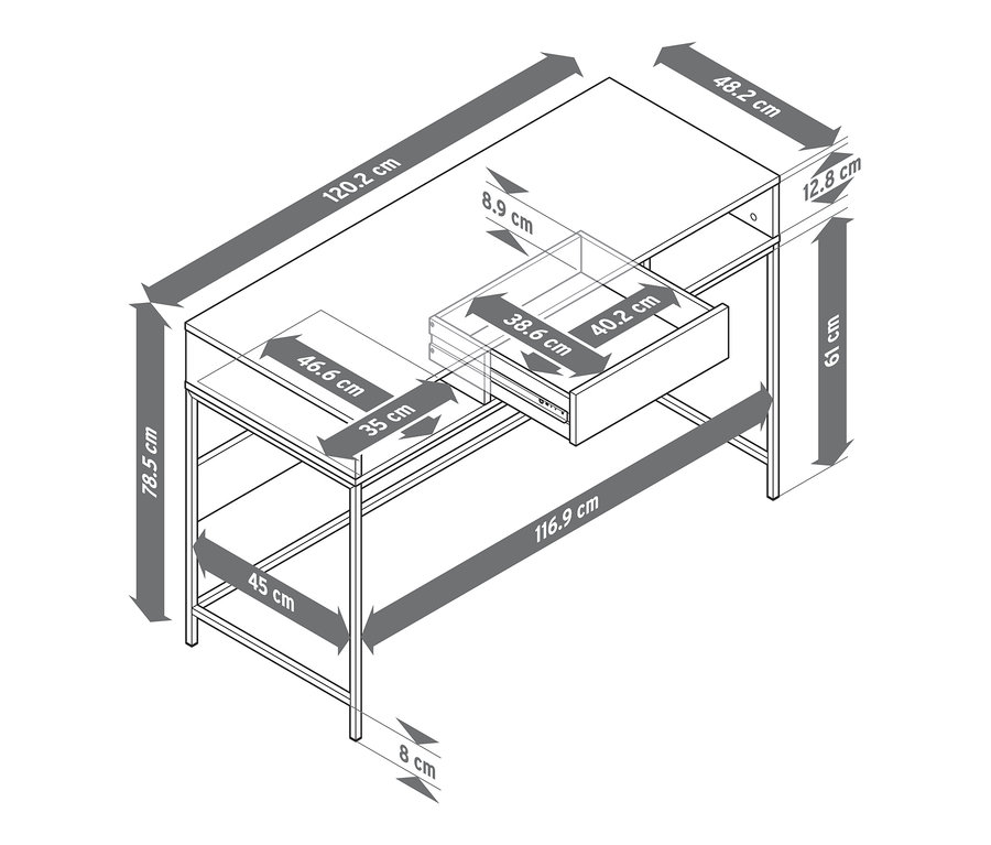 Eine schematische Zeichnung einer Schreibtisch-Konsole mit Maßangaben.