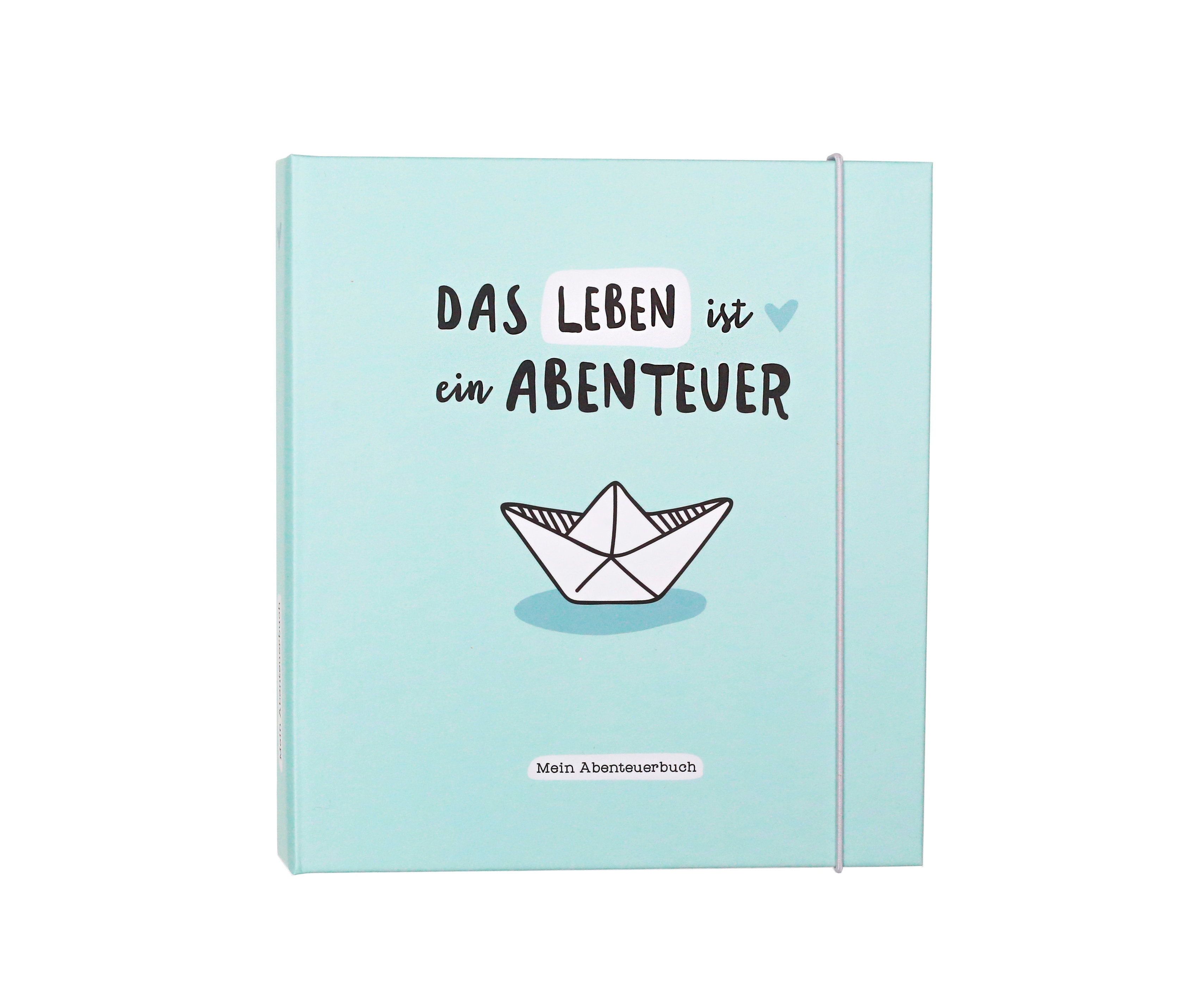 Helles, blaues Tagebuch "Das Leben ist ein Abenteuer" mit einer Illustration eines Papierboots.