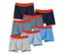 Sieben blaue Jungen-Slipboxer mit orangefarbenem Bund.