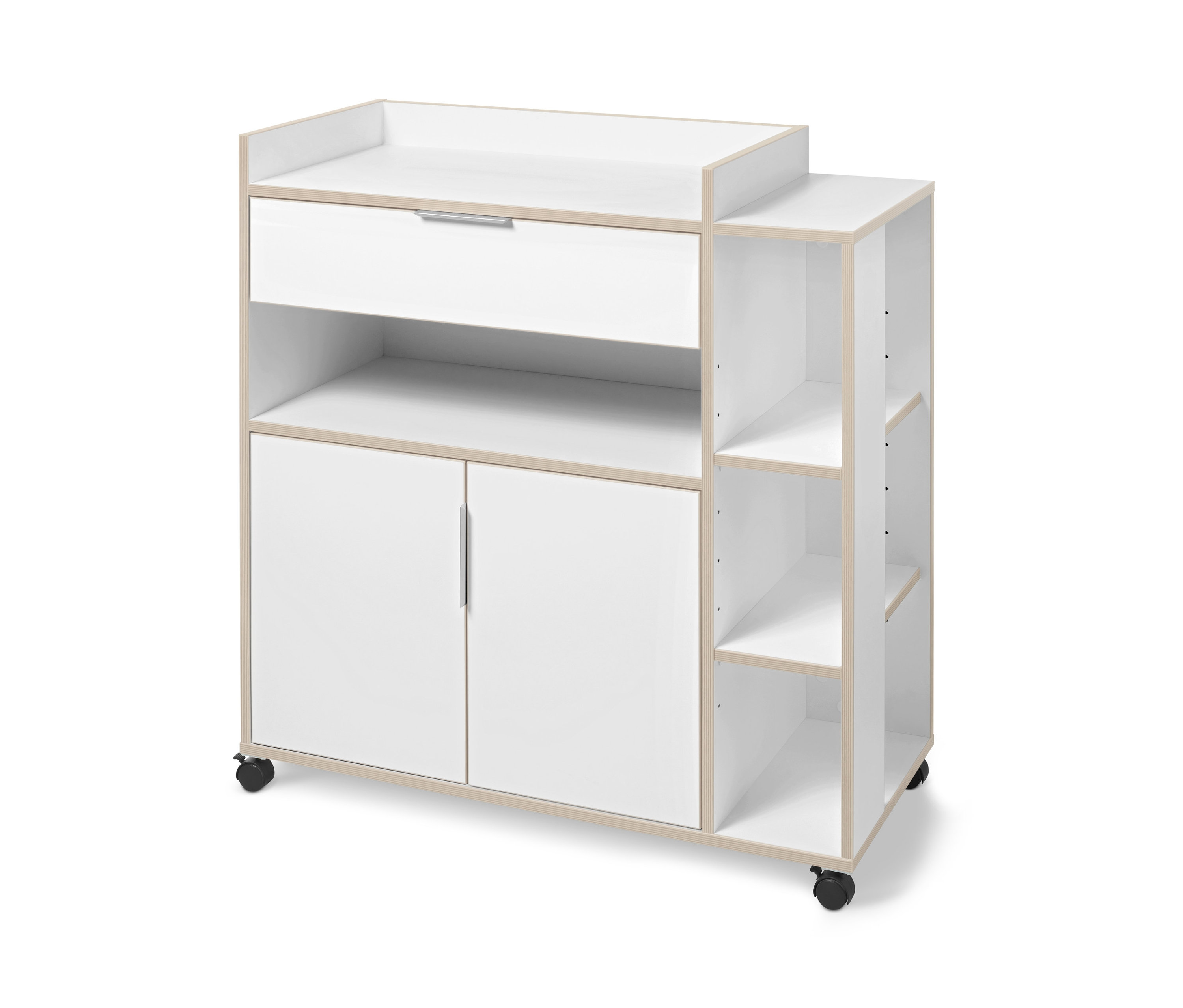 Weißer Haushalts-Arbeitswagen mit Rollen, Schublade, Schrank und Regalen.