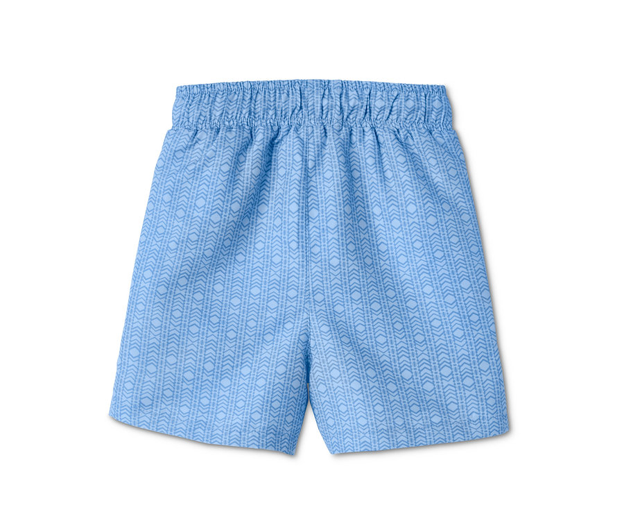 Blaue Boardshorts aus recyceltem Polyester mit elastischem Bund und Muster.