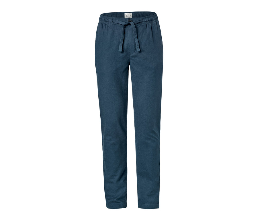 Blaue Chino mit Leinen und Kordelzug in der Taille.