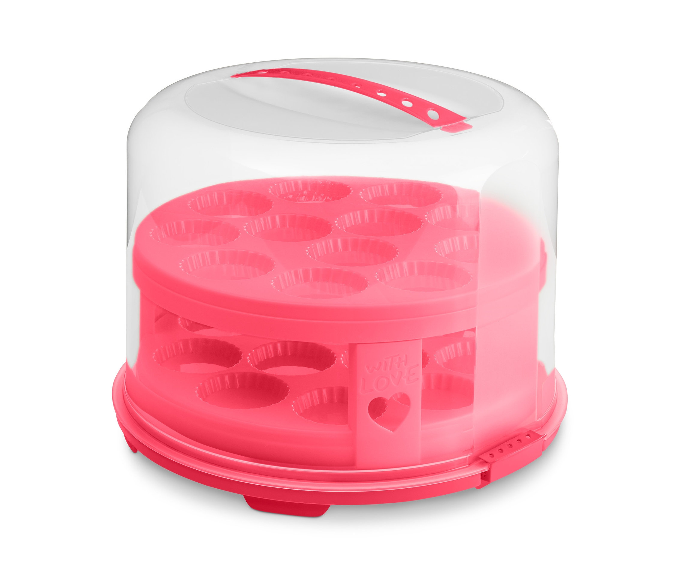 Ein rosa Tortenbehälter mit transparentem Deckel.