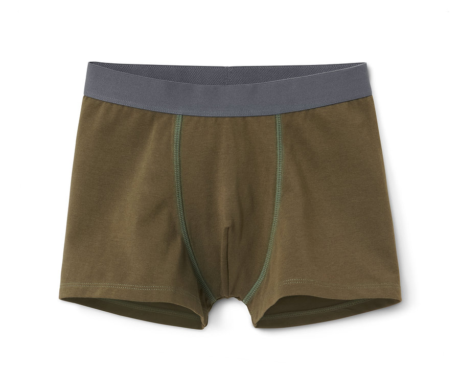 Ein Paar Khaki Jungen-Slipboxer mit grauem Bund.