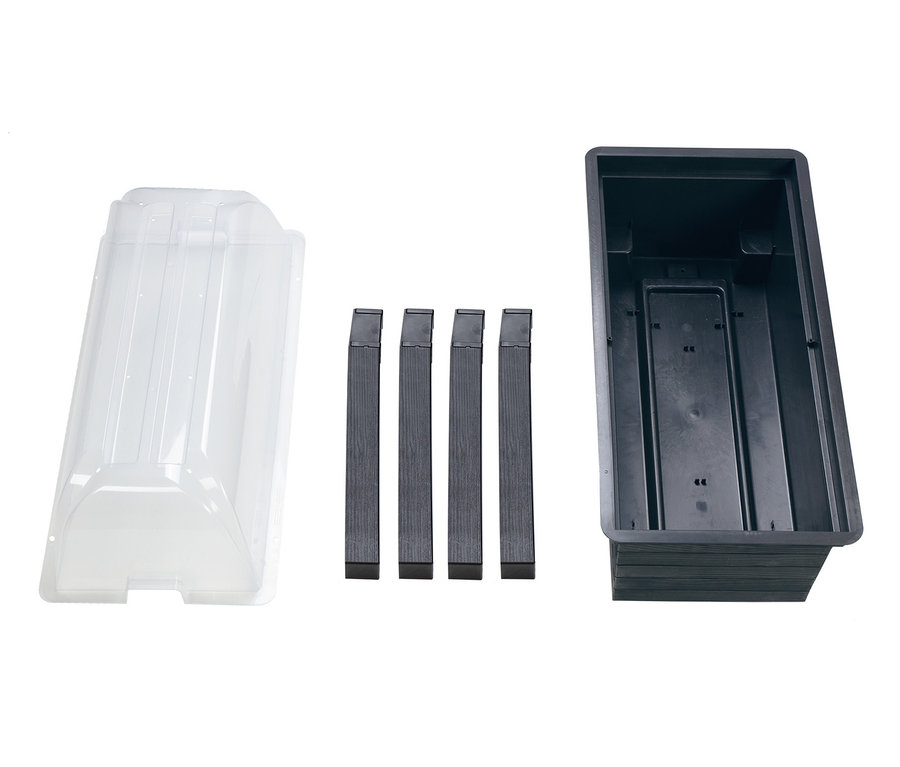 Ein schwarzes, rechteckiges Garantia Urban Balkon-Hochbeet-Set mit transparentem Deckel und vier Füßen.