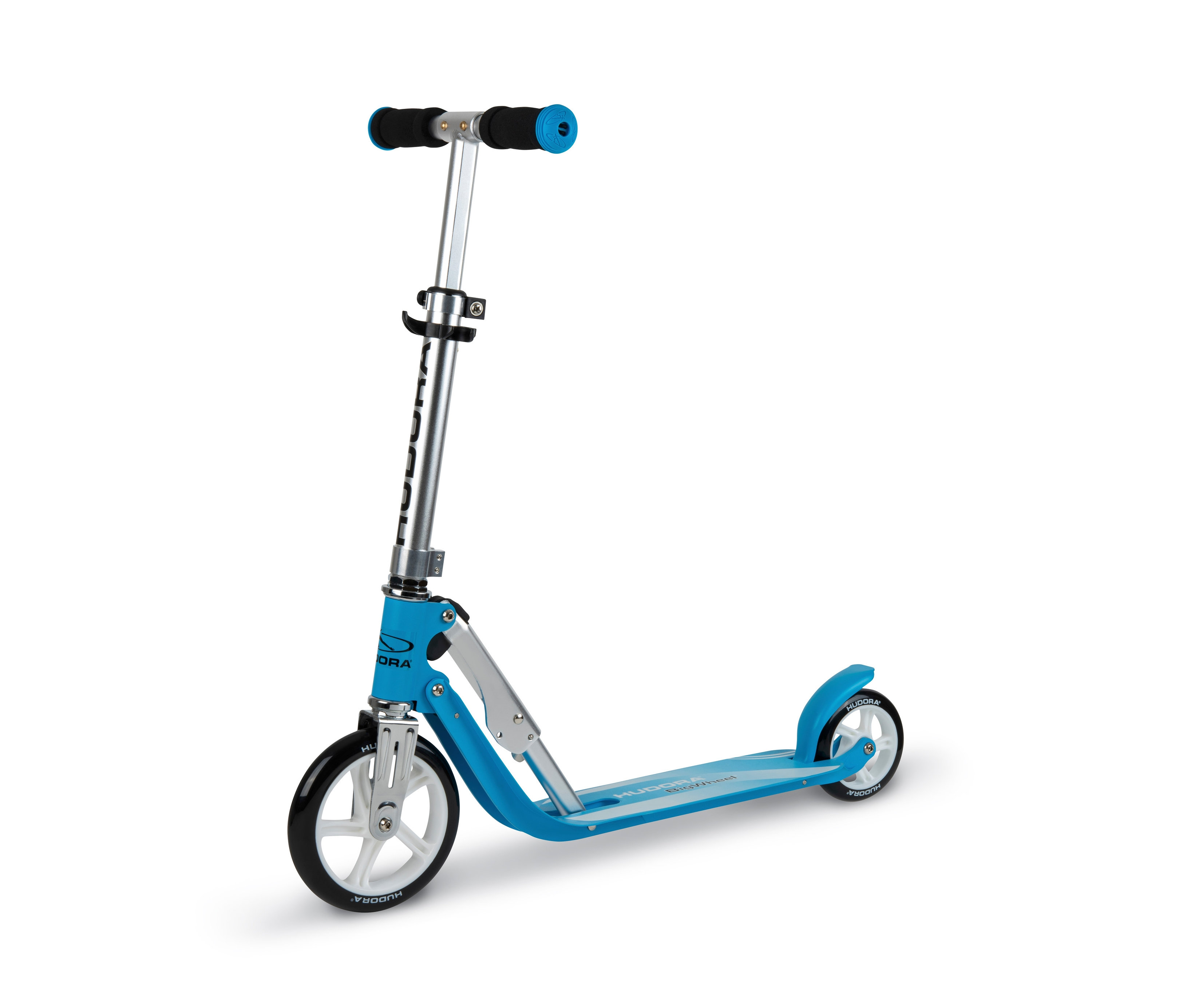 Ein blauer HUDORA Scooter »Little Big Wheel« mit einer silbernen, verstellbaren Lenkstange und schwarzen Griffen.