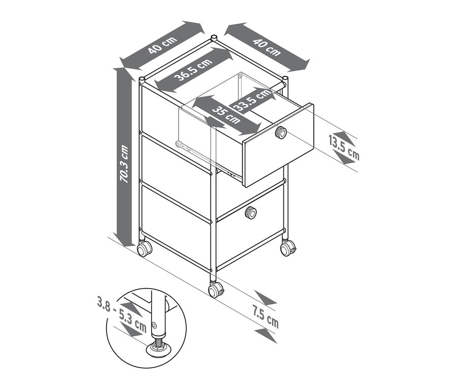 Skizze eines Rollcontainers »CN3« mit 3 Schubladen. Die Maße sind in Zentimetern angegeben.