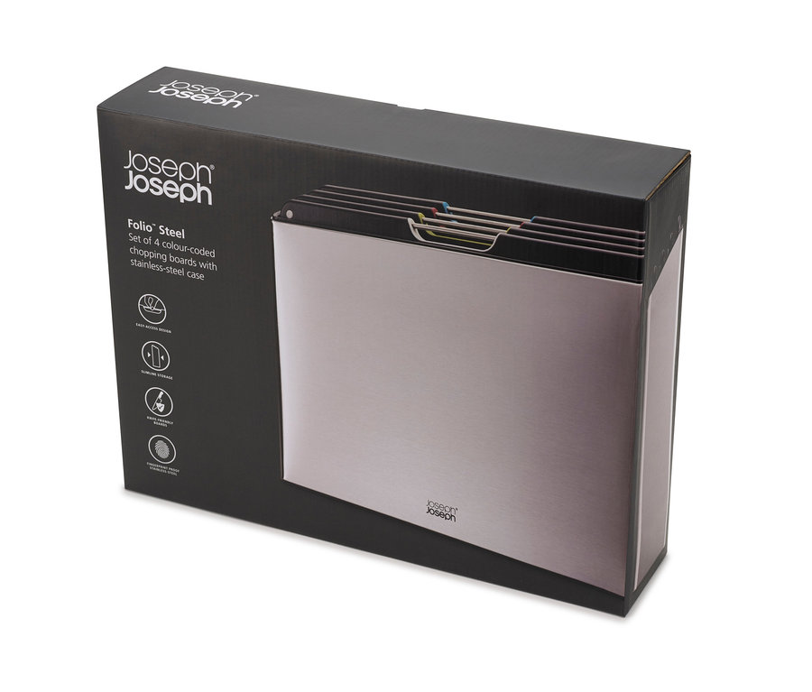 Verpackung des Joseph Joseph Schneidebrett-Sets »Folio« mit 4 farblich gekennzeichneten Schneidebrettern mit Edelstahlgehäuse.