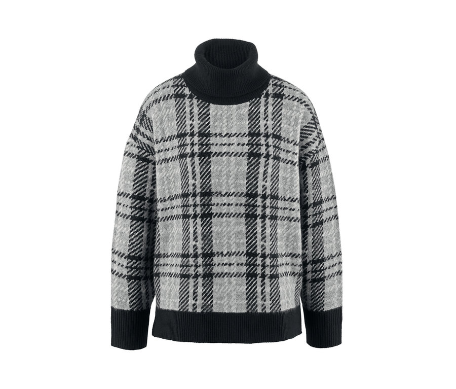 Detailansicht eines Strickpullovers mit Rollkragen und Karomuster.
