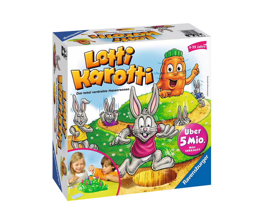 Verpackung des Brettspiels Ravensburger »Lotti Karotti« mit einer Abbildung von Hasen und Kindern, die das Spiel spielen.