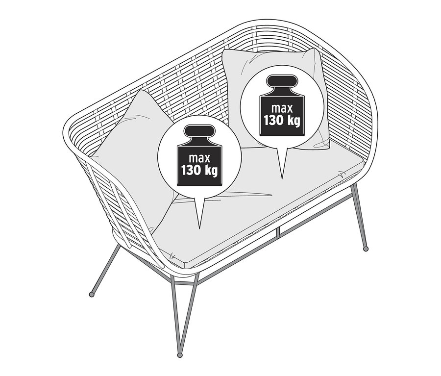 Eine Skizze einer Gartenbank »Boho« mit Kissen und einer maximalen Tragfähigkeit von 130 kg.