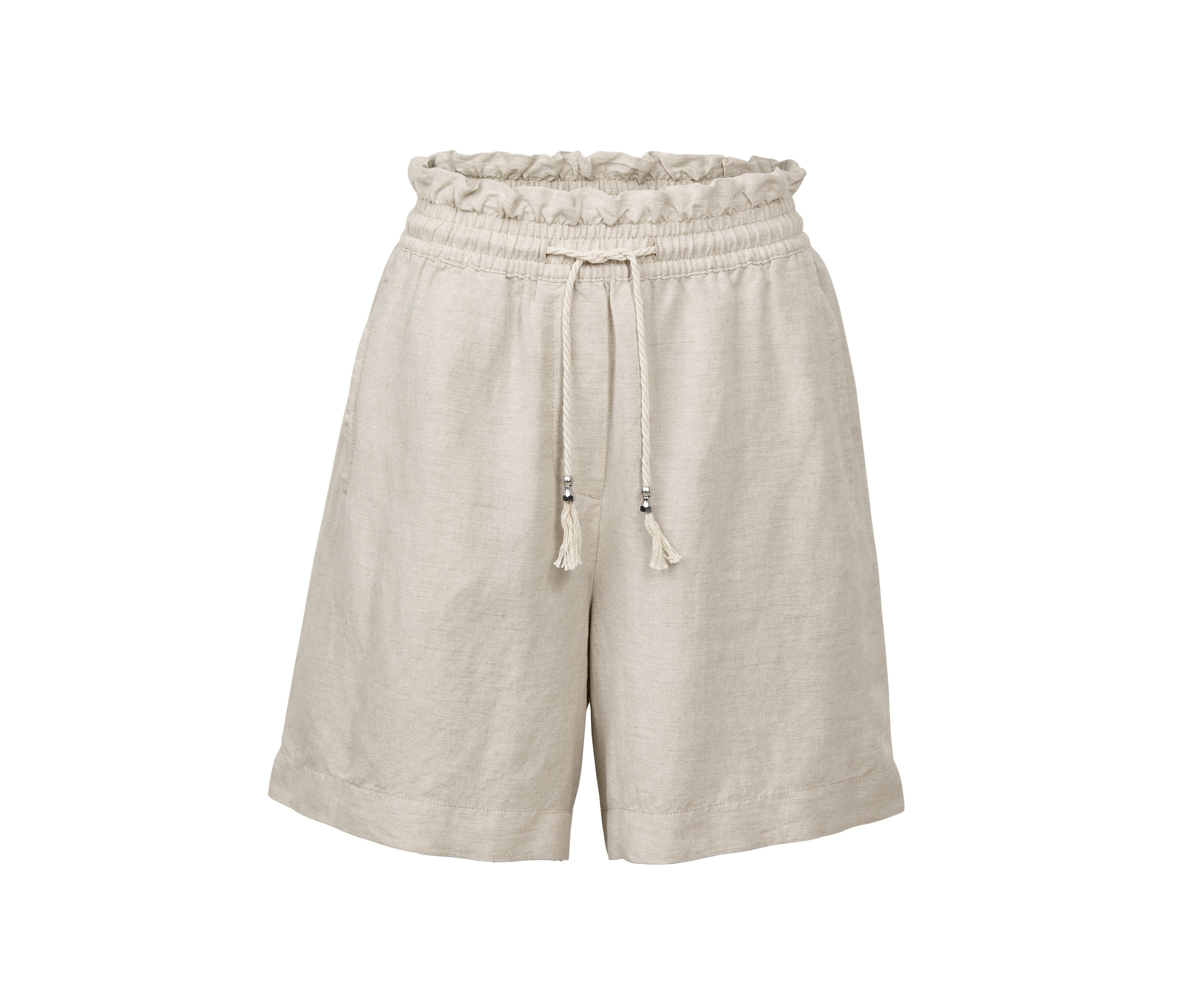 Beige Leinen-Shorts mit dekorativem Kordelzug.