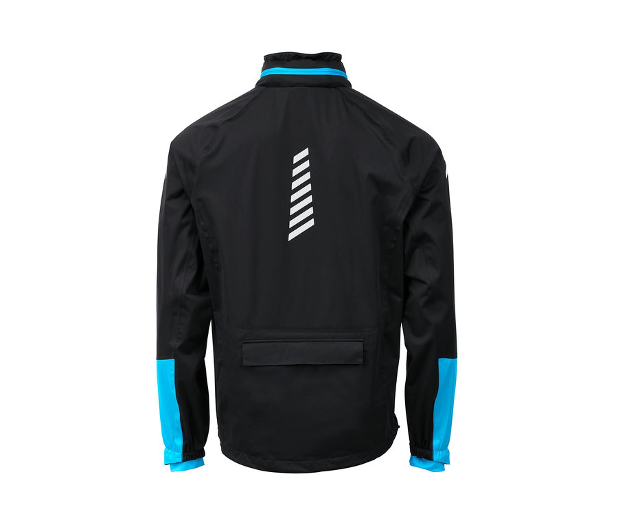 Schwarze und türkisfarbene Fahrrad-Regenjacke von hinten.