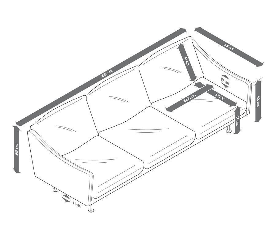 Abmessungen des 3-Sitzer-Sofas in Blau.