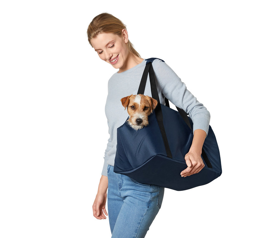 Frau trägt eine Tier-Tragetasche mit einem braun-weißen Hund.
