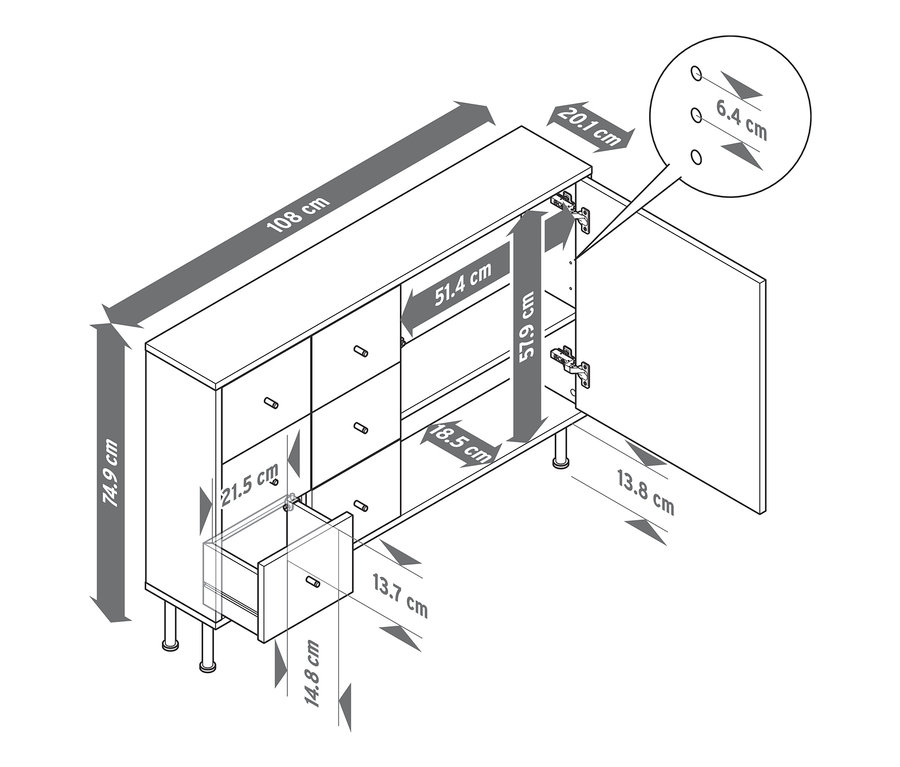 Abmessungen des schmalen Sideboards mit offener Schublade und Tür.