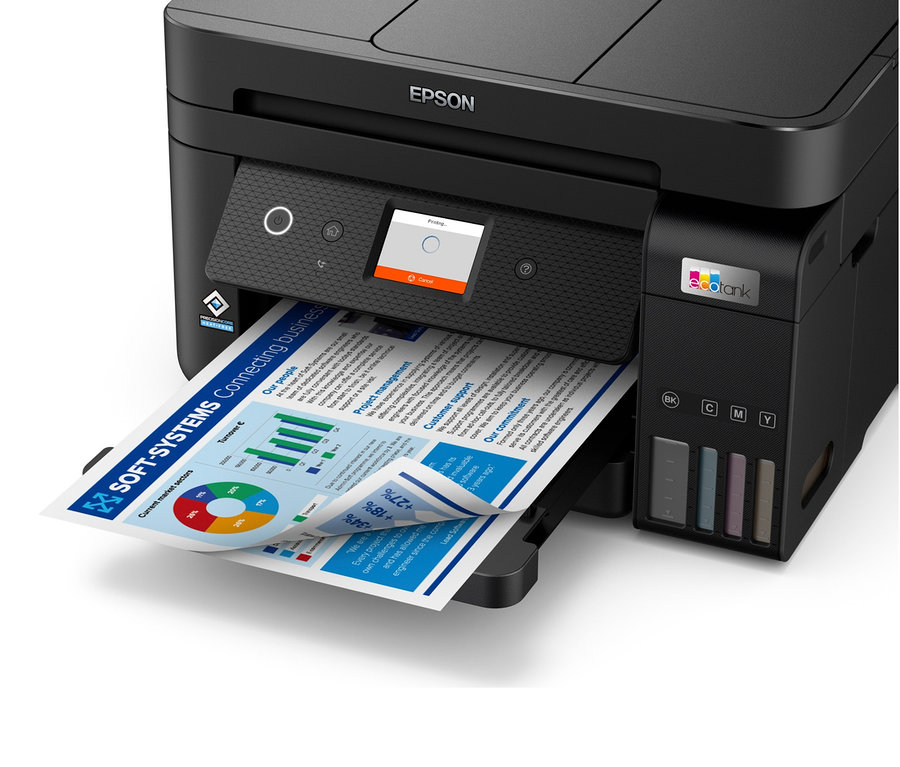 Schwarzer Epson Multifunktionsdrucker EcoTank ET-4850 druckt ein Dokument.
