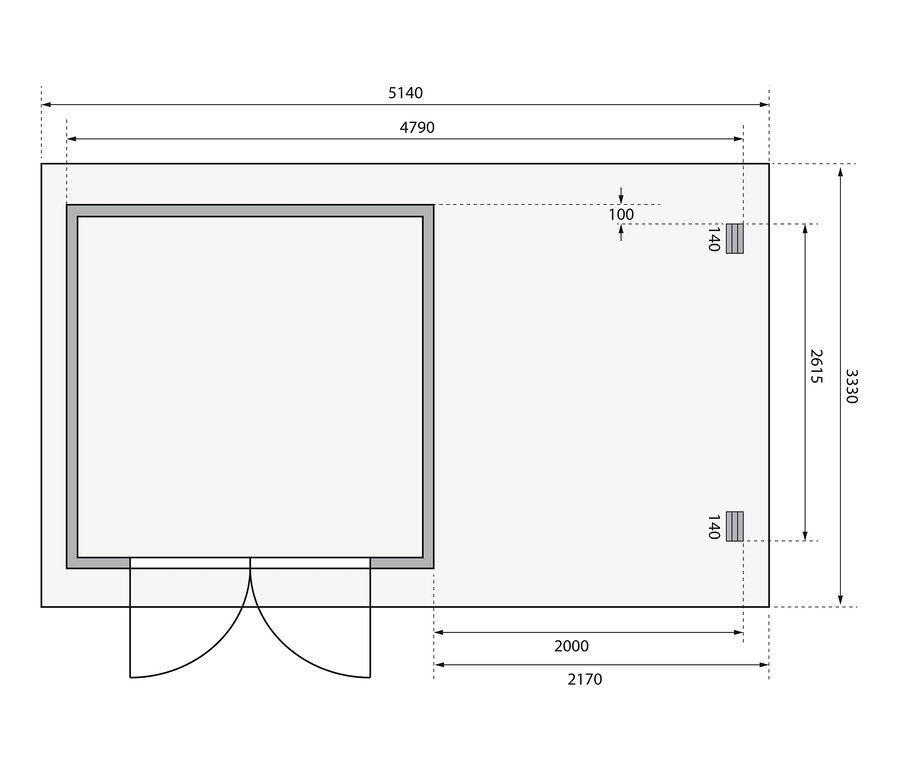 Grundriss des Karibu Gartenhauses mit 2 m Anbaudach »Baltasar 5«, naturbelassen, 28 mm.