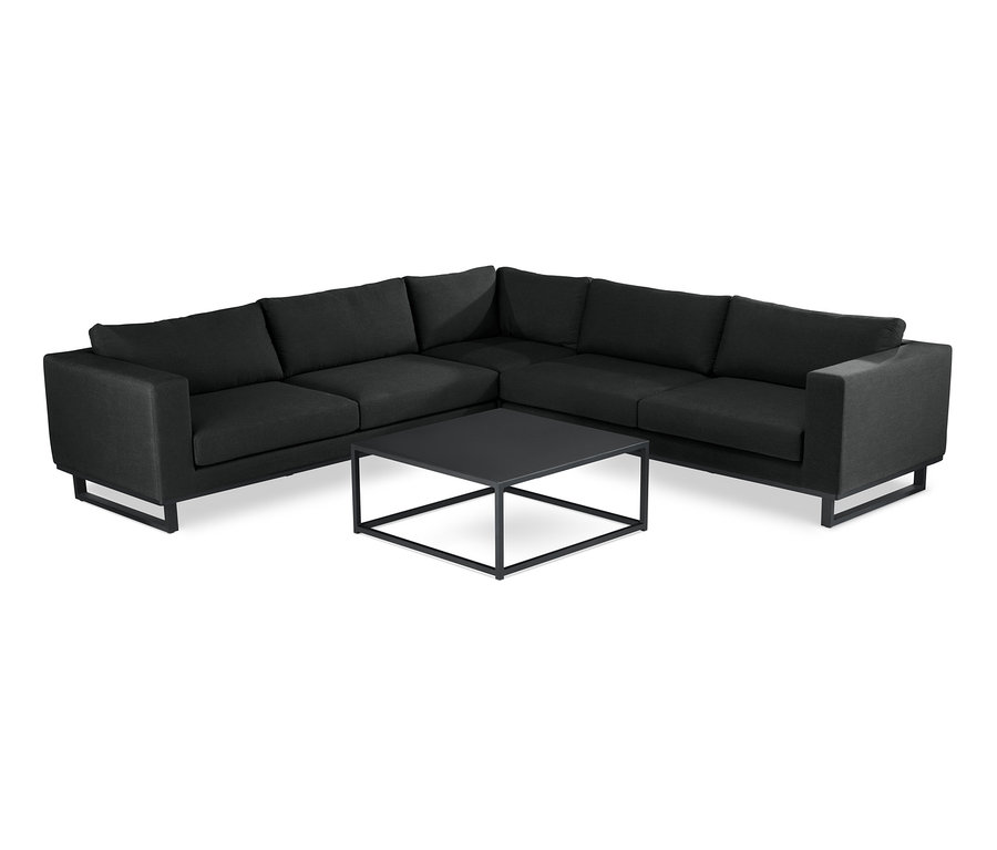 Anthrazitfarbene Premium-Lounge-Ecke mit Sunbrella®-Stoff und Couchtisch.