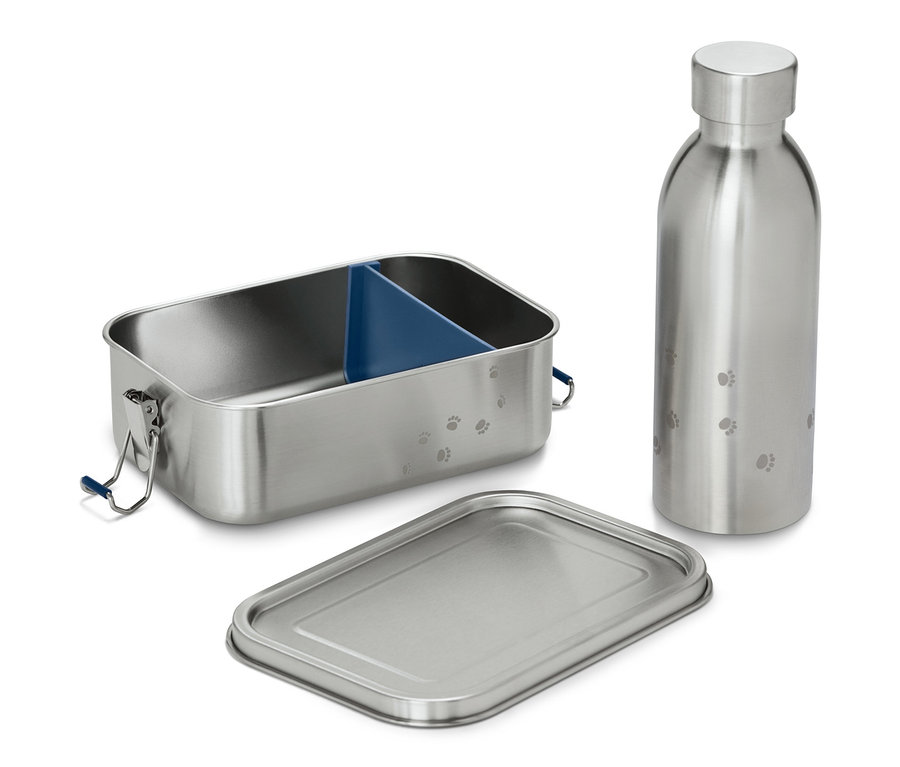 Eine Brotdose und eine Trinkflasche aus Edelstahl.