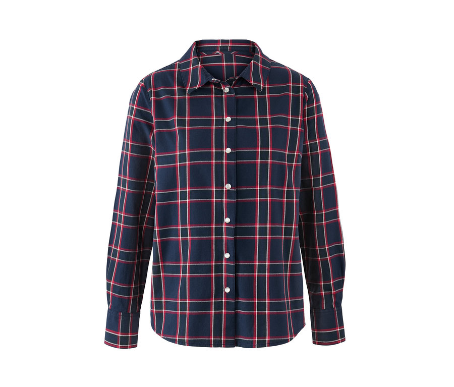 Karierte Bluse aus Baumwoll-Flanell mit langen Ärmeln und weißen Knöpfen.