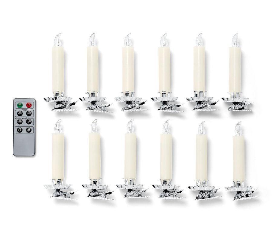Zwei Reihen à sechs cremeweiße 12 LED-Weihnachtsbaum-Kerzen mit Fernbedienung.