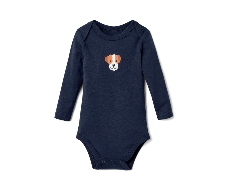Marineblauer Babybody mit langen Ärmeln und einem Hundekopf darauf.