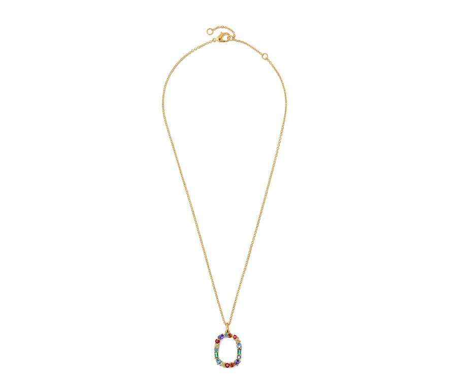 Goldene Kette mit einem Anhänger, der mit bunten Zirkonia besetzt ist.