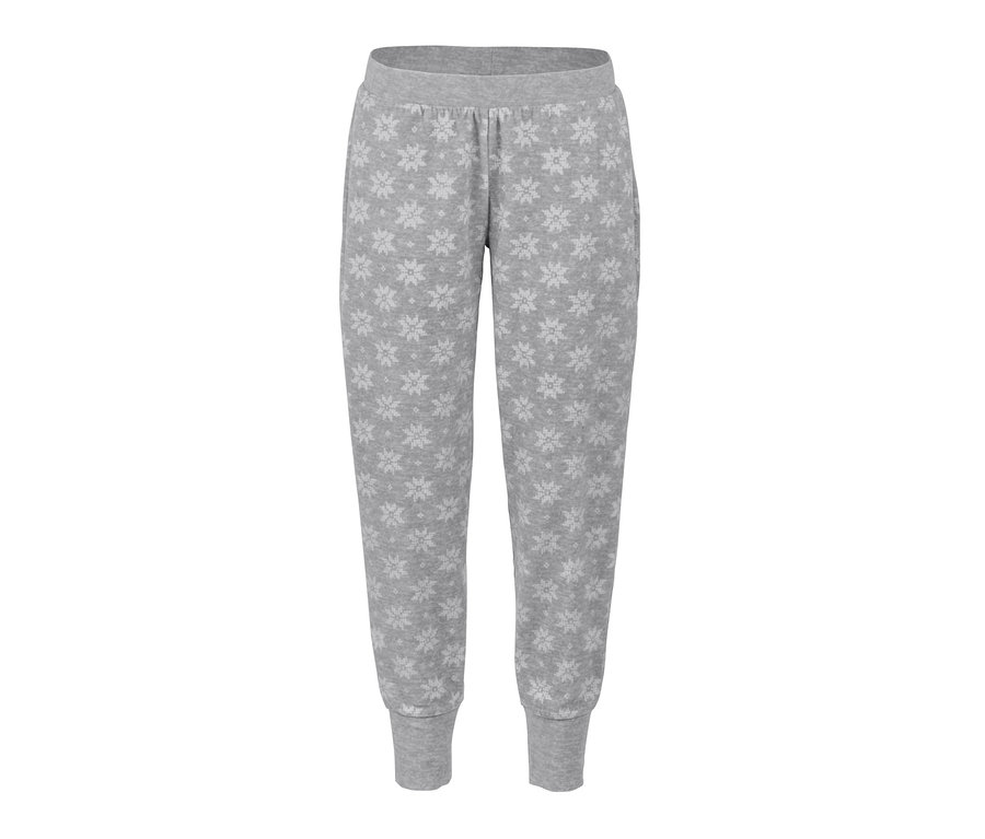 Graue Loungewear-Hose mit weißem Schneeflockenmuster.