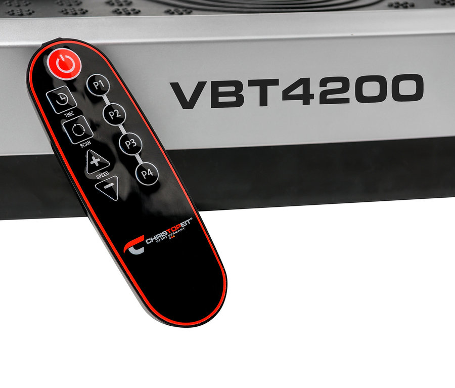 Detailansicht der Steuerung und Fernbedienung des Christopeit Vibrationstrainers »Vibro VBT 4200«.