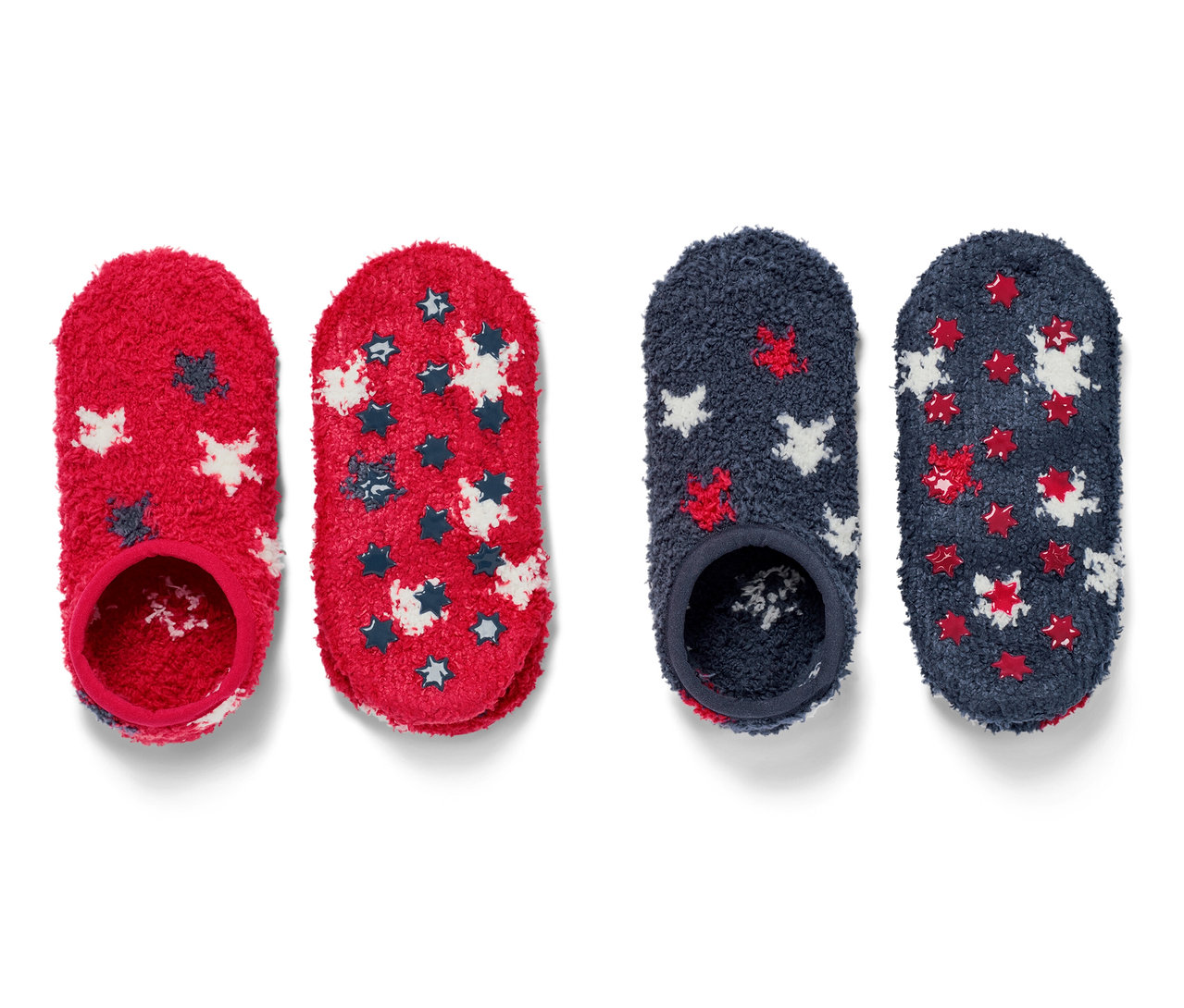 Zwei Paar Kinder-Hausschuhslippersocken mit Sternen, ein Paar rot, ein Paar blau.